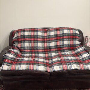 Vintage Plaid Fringed Stadium Blanket, Red White Green Blue 51" x 67" NIB